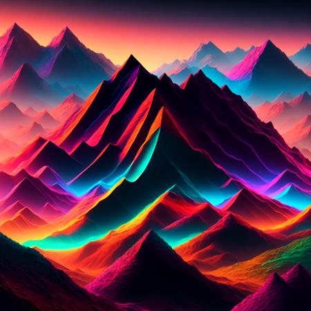 (PrismaHills:1) a computer generated image of a mountain range in neon colors <lora:PrismaHills_LoraBooth:1>