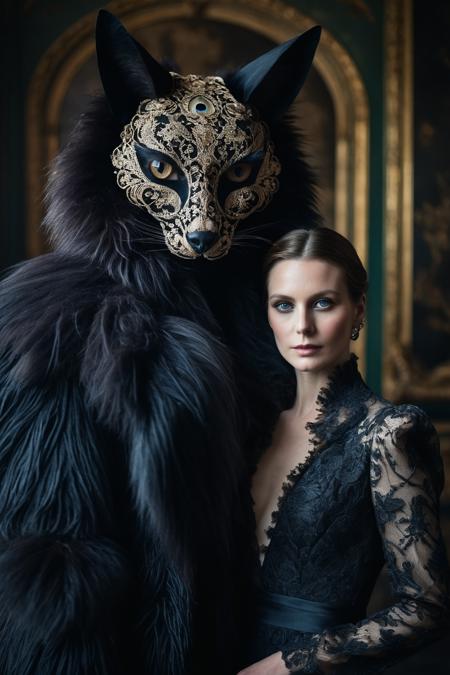 A raw photo portrait of an elegant lady with their face obscured,  standing besides a large mysterious furry creature with intricate eyes,  both dressed formally.