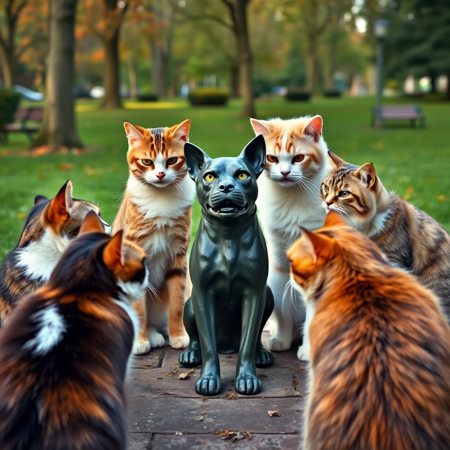 A group of angry cats are in a staring contest with a small statue of a dog in a park. The cats are ready to strike down the mangy mutt in the name of cats everywhere!