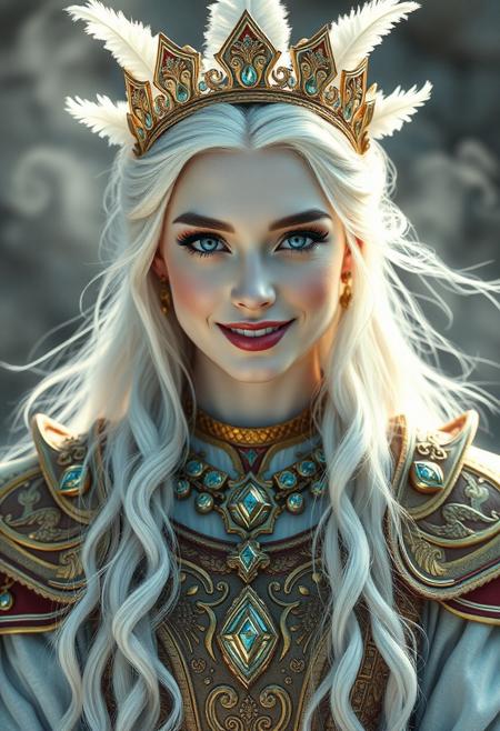 symmetrical medium shot of the Heaven Princess, sweet face expression, beautiful smile, perfect makeup, extremely beautiful, blue eyes, long white hair, rich clothes, rich armour, rich jewelry, white feathers crown, hyper realistic, ultra detailed, translucent white skin, white skin, mist, wind