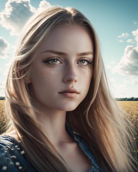 anna in a field and a sky background with clouds, long blonde hair, brown eyes, ((focus, sharpen))  
 (realistic skin texture)
 (photorealistic:1.2) (extremely intricate), (exquisitely detailed), highly detailed, highres, original, extremely detailed 8K wallpaper, best quality, detailed face, ultra-detailed, (masterpiece, best quality:1.4), (beautiful, perfect, delicate, detailed, intricate, aesthetic:1.2),      <lora:Anna_v2_Lora:1>