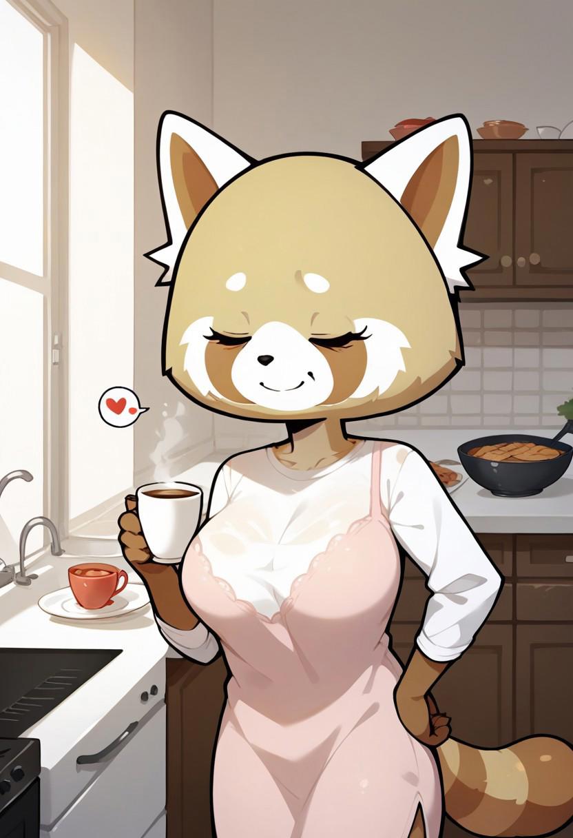 score_9, score_8_up, score_7_up, score_6_up, 1girl, solo,
(source_cartoon),
<lora:Retsuko's Mom Katie:1.0> Retsukos_Mom, furry female, body fur, beige fur, red panda, white fur ears, white ears, solo, smile, animal ears, striped tail, animal fluff ears, black nose, half closed eyes, bespoken heart,
earrings, bangs, blunt bangs, eyes half closed, sleepy eyes, bags under eyes, seductive smile,
dynamic pose, seductive pose, 
large breast, facing viewer, hand on own hip, 
semi-transparent nightgown, loose clothes, closed mouth, clothes, holding a cup of coffee, 
indoors, kitchen,
<lora:Expressive_H:0.7> Expressiveh,
<lora:add-detail-xl:0.9>
<lora:light:1.0> neolight,