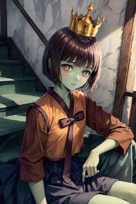 anak zahard, 1girl, green skin, korean clothes, bob cut, crown, solo, looking at viewer, potrait, indoors , stairs, sitting on stairs, (masterpiece:1.2, best quality)