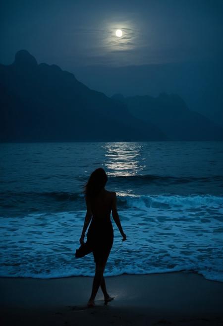 In the gentle embrace of moonlight, the camera captures the captivating beauty of the ocean at night. The dark waters stretch endlessly, a soft luminescence dancing on their surface. In the distant horizon, the silhouettes of majestic mountains rise, their peaks veiled in a delicate haze, adding a sense of mystery and enchantment. A woman, her figure softly blurred, stands on the shore, her silhouette a subtle outline against the night sky. The striking detail lies in the way the moonlight creates a path of silver across the waves, drawing the eye towards the majestic mountains.
The backlit sky, a tapestry of deep blues and silver linings, enhances the ethereal radiance of the moon, creating an otherworldly ambiance. The gentle ocean breeze adds motion to the scene, softly blurring the woman's silhouette, as if she were becoming one with the ocean's tranquil spirit. The distant mountains, their silhouettes stark and imposing, provide a sense of scale and emphasize the vastness of the ocean's realm.