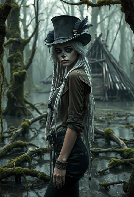 A dark fantasy setting. In a swamp, trees (both standing and growing, and fallen over) have moss growing all over them. In the background is a strange hut made of wood. In the foreground is a young woman, long white hair in a multitude of small braides, pale skin, medium breasts, her face is painted with makeup to look like a skull. She wears a short top hat that's adored with beads hanging from the brim and feathers, a pirate's shirt, an open cropped jacket, and black leather pants with a belt.  She looks at the viewer, her body turned slightly to the side, a slight tilt to her head, shoulders back. her expression is that of a curiosity and unease. 
semi realistic