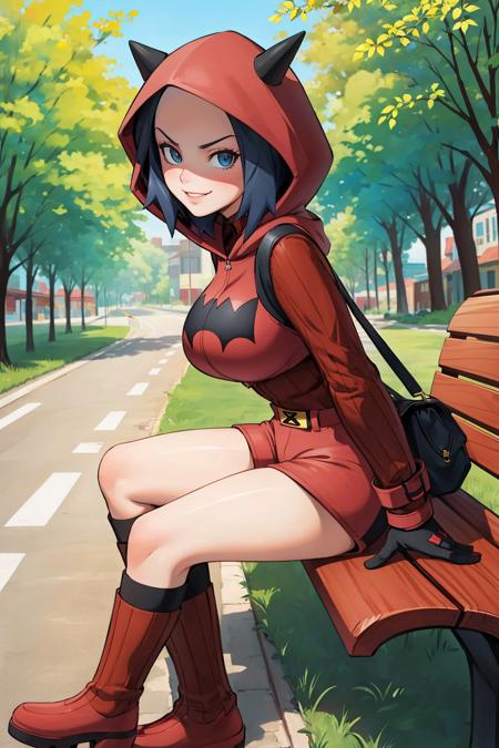 masterpiece, best quality, pkmntmg, fake horns, hoodie, red shorts, gloves, red boots, from side, sitting, bench, road, trees, smirk, looking at viewer, large breasts <lora:teammagmagrunt-nvwls-v1-000010:0.9>