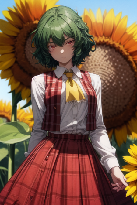 1girl Yuuka_Kazami Touhou_Project short green hair red eyes white buttoned shirt long white sleeves red plaid vest red plaid skirt medium sized breasts yellow neckerchief