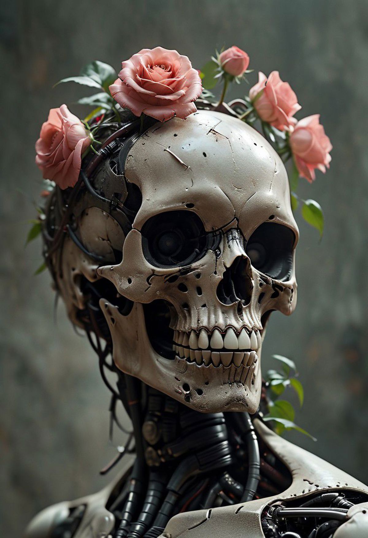 A robot head with a skull face and roses as a headband.