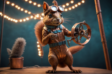 ((a copper squirrel inventor with a curious look, wearing goggles and a tool belt, holding a tiny wrench, solo):2.5), ((big round eyes, curious expression, head tilted):2.0), ((a small outdoor music stage with string lights, wooden floor, crowd in the background, a copper microphone stand, detailed background):2.2), ((giving a speech, gesturing with a paw, looking friendly, big round eyes, curious expression, head tilted, dynamic angle, wide shot):1.9), ((a copper mayorâs sash, embroidered with gold, draped over shoulder):1.5), ((best quality, vibrant colors, 3D render style, sharp contrast, soft pastel tones, muted blues and yellows, overhead shot):1.8), <lora:MadeOfCopper01_CE_SDXL:1>
