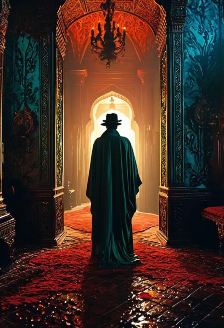 In a lavish Arabian palace, a sultan in opulent robes conducts a forbidden ritual, summoning a demonic entity. The demon, a figure of smoldering shadows, offers untold riches in exchange for unspeakable sacrifices., 
Inspired by the adventurous spirit of 'Indiana Jones' and infused with the ominous, otherworldly mystique of H.P. Lovecraft's universe. Picture a setting that merges the charm and camp of 1980s adventure films with the eerie, dreamlike quality of Lovecraftian horror. Visualize scenes where subtle yet powerful magic underlies the reality, evoking a sense of ancient, unfathomable forces lurking beneath everyday appearances. This blend captures the essence of a surreal, 80s-style cinematic world where every corner hides a hint of mystical wonder and dark, arcane secrets
, in the style of an old 80's VHS dark fantasy, VHS screen grab, grainy, old footage