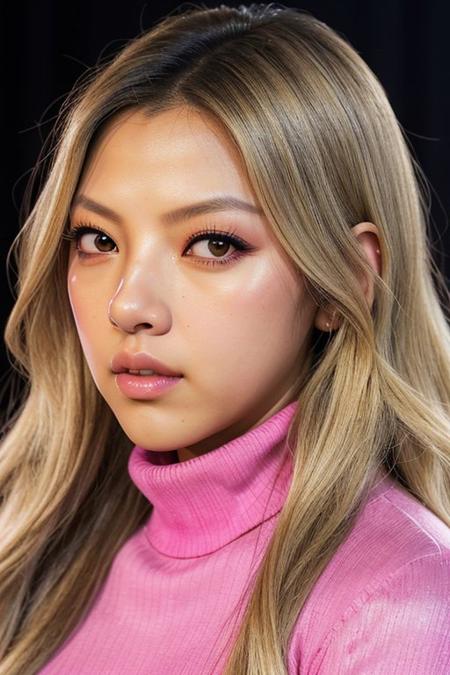 Picture, high quality, beautiful Koh_LilyMuniHe, wearing a pink turtleneck sweater, wavy blonde hair, fashion model, glitter, glamour, glimmer, shimmer, portrait, perfect face, perfect eyes, sharp focus, on stage, spotlights, radiance