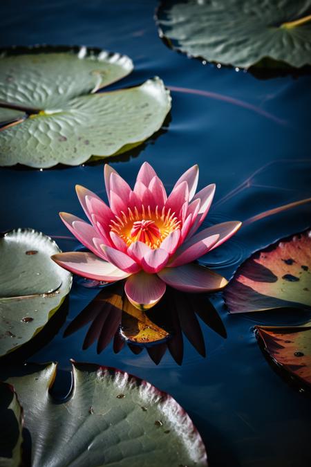 (masterpiece, best quality, highres, realistic), photo by Melissa Stemmer, red lotus water lily blooming on water surface and dark blue leaves toned, purity nature background, aquatic plant, symbol of buddhism., breathtaking photograph, <lora:melissa-stemmer-1.0:1>, cinematic look, minimalistic, blurred background, warm atmosphere, daylight, professional color grading, simple look, unedited photography, natural, unassuming, simple style, award-winning, stunning, kodachrome, vintage look, vibrant colors, <lora:add-detail-xl:2>