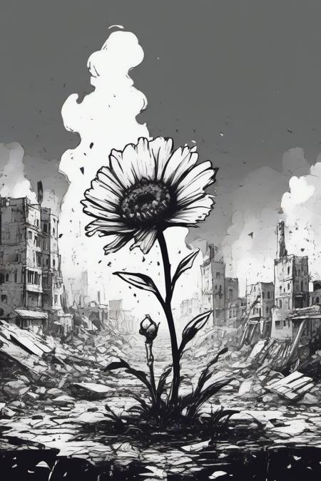 <lora:PE_HighContrastStyleV1:0.8> PEHighContrast,Simple Background, high Contrast, Illustration,Black and White,
dystopian world,ruins of a city,fire burning,abandoned,collapse of civilization,
a single flower growing hope,shine of hope,