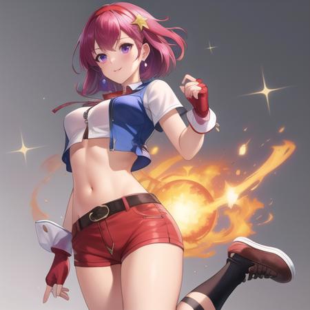 (masterpiece, best quality:1.2),illustration,8k,hd,1girl,solo,breasts,purple eyes,fingerless gloves,purple hair,short hair,red hairband,earrings,hair ornament,star hair ornament,sash,vest,shoes,red shorts,cropped shirt,zipper,midriff,navel,crop top,<lora:Asamiya Athena-99:0.5>,