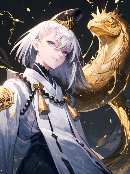 masterpiece,best quality,highres,cinematic lighting,dramatic angle,1boy,<lora:ShadowverseKuonV1:0.8:lbw=jiangshi3> ,white hair,short hair,blue eyes,white dress,clothing cutout,gold trim,clothing cutout,hakama,tate eboshi,hat,japanese clothes,beads,tassel,looking at viewer,potrait,straight-on,evil smile,parted lips,(shaded face:1.2),(from below,close-up:1.5),expressionless,magic,holding,ofuda,glowing particles,gold snake,(glowing eyes:1.1)