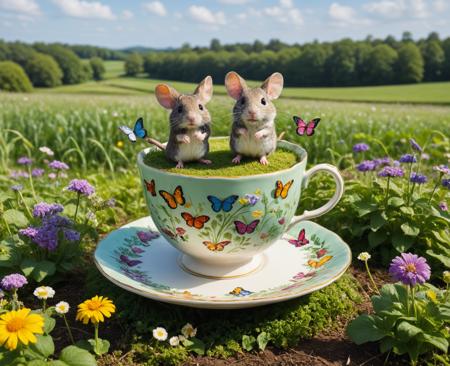 A whimsical, oversized teacup sits in the middle of a lush, green field, its chipped saucer serving as a makeshift stage for a troupe of performing mice. Dressed in tiny, colorful costumes, they dance and sing, their squeaky voices carried on the breeze as bemused butterflies and curious rabbits look on.
<lora:grainy-v1:0.5> <lora:xl_more_art-full_v1:0.5>