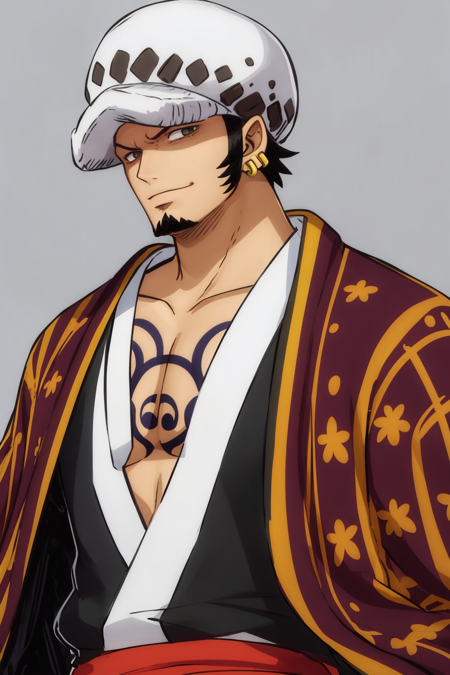 masterpiece, best quality, 1boy, tdlwano, black hair, hat, chest tattoo, earrings, facial hair, long sideburns, goatee, japanese clothes, kimono, over shoulder, upper body, looking at viewer, smile, sketch, solo, simple background <lora:TrafalgarDLawWano:1>