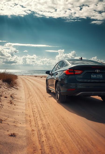 Car running on sandy beach, You can see the ocean, emphasizing the perspective, expanding the area near the distant area, waves, swaying grass and flying birds, shadows on the clouds, the car is positioned based on the golden ratio, movement, savannah wilds, arid prairie, detailed scenery, clouds, 
best quality, sharp focus, high contrast, colorful, ultra quality, 8k, best quality,