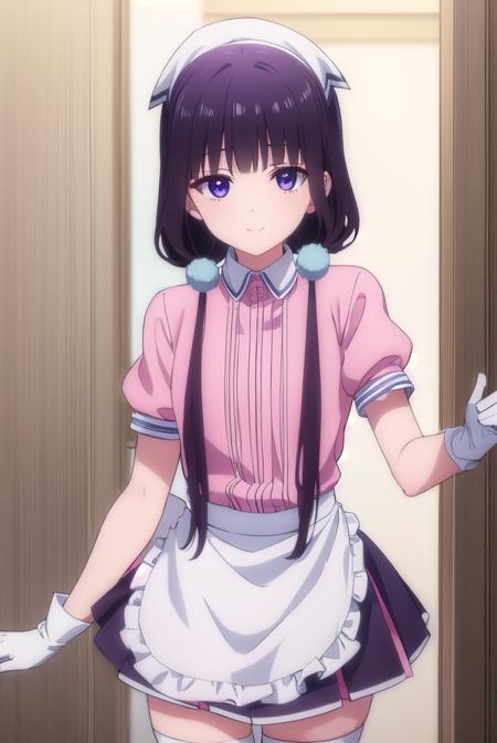 maikasakuranomiya, <lora:maika sakuranomiya s1-lora-nochekaiser:1>,
maika sakuranomiya, long hair, black hair, hair ornament, twintails, (purple eyes:1.1), low twintails, smile,
BREAK skirt, shirt, thighhighs, gloves, short sleeves, pleated skirt, frills, shoes, puffy sleeves, white gloves, black footwear, uniform, apron, white thighhighs, puffy short sleeves, zettai ryouiki, waist apron, white apron, pink skirt, pink shirt, frilled apron, waitress, head scarf,
BREAK indoors, restaurant,
BREAK looking at viewer, (cowboy shot:1.5),
BREAK <lyco:GoodHands-beta2:1>, (masterpiece:1.2), best quality, high resolution, unity 8k wallpaper, (illustration:0.8), (beautiful detailed eyes:1.6), extremely detailed face, perfect lighting, extremely detailed CG, (perfect hands, perfect anatomy),