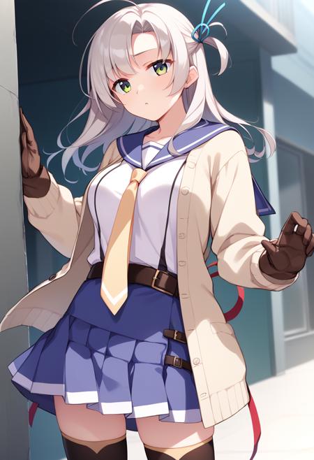 kinugasakaini grey hair, hair tie, green eyes, blue sailor collar, serafuku, yellow necktie, brown gloves, belt, skirt, black thighhighs