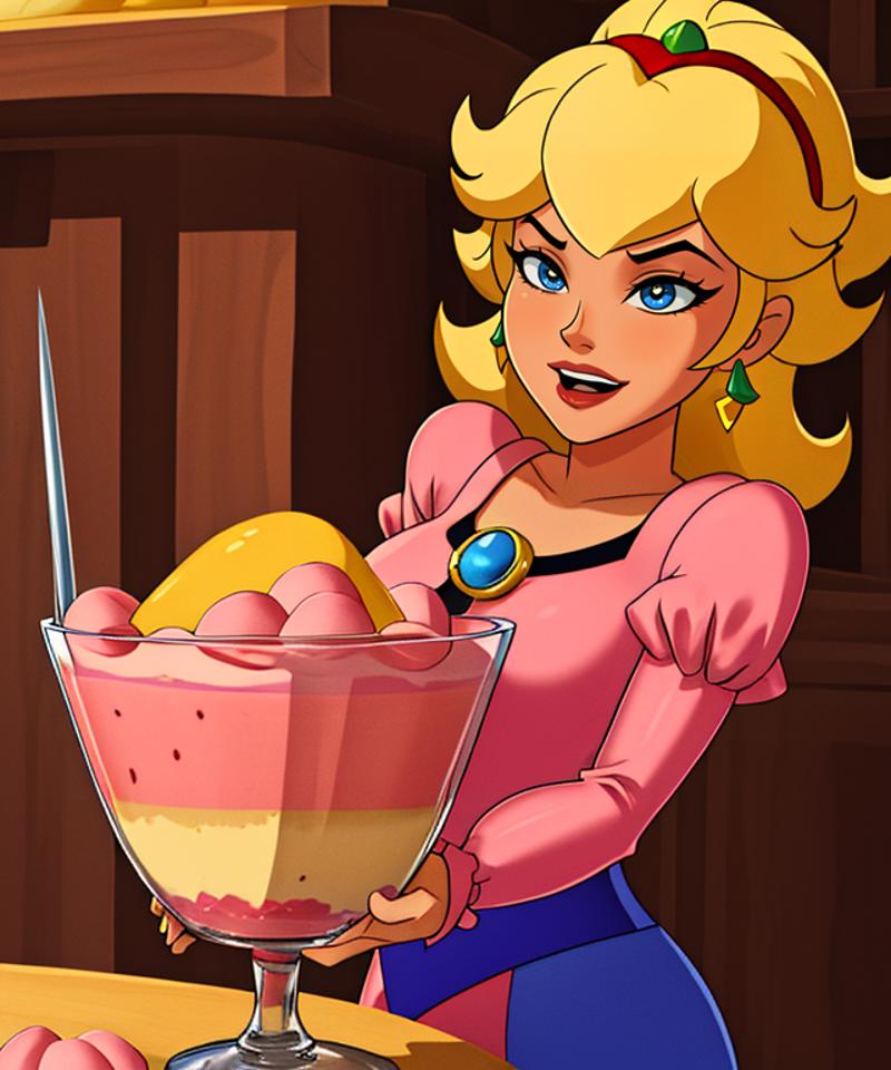 A cartoon image of a woman holding a glass bowl filled with fruit.