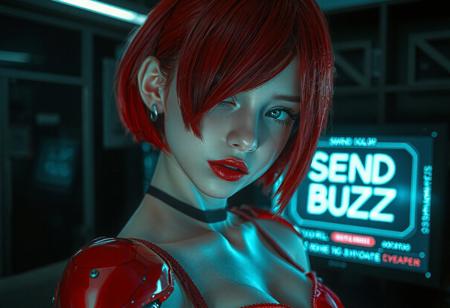 Prompt: score_9, score_8_up, score_7_up, photorealistic, cyberpunk style:0.8, (masterpiece), best quality, 1girl, 18 year old woman, cybernetic girl, (standing on right side of photo, pale white skin, human body, cybernetic arms:0.9, solo, cute round face:0.8, realistic smooth pale white skin:0.9, highly detailed cybernetic blue eyes that glow faintly:0.9,  full pouty lips, parted pils, glossy red lipstick:0.8, bright red hair:0.9, chin length asymmetrical bob haircut with bangs, hair falling over part of her face covering one eye, portrait, red corset, medium round breasts, cleavage, collarbone, bangs, looking_at_viewer, shoulders at an angle to viewer in classic portrait pose, dark futuristic interior background, neon details in background, inside sci-fi looking apartment, large translucent computer monitor has words “SEND BUZZ”:1.5, 
EyesHD, gradient lips a, glossy lips, shimmery eyeshadow, mascara, winged eyeliner, shimmering eyeshadow, realistic