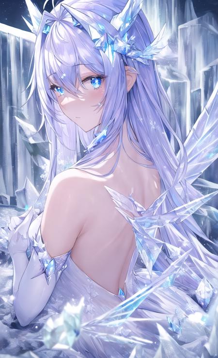 (((masterpiece))),best quality, illustration,_(beautiful detailed girl),beautiful detailed glow,_detailed ice,beautiful,ice  elbow gloves,small horns with the rugged and jagged,(( delicate and beautiful ice crystal wings)), ice crystal halo,ultra-detailed,