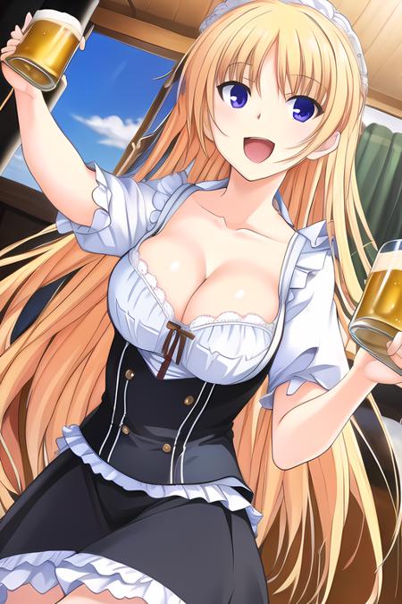 christiane friedrich, 1girl, best quality, masterpiece, smile, dirndl, oktoberfest, german clothes, barmaid, beer mug, cleavage, blonde hair, mouth open, <lora:Christiane_Friedrich:0.8>,