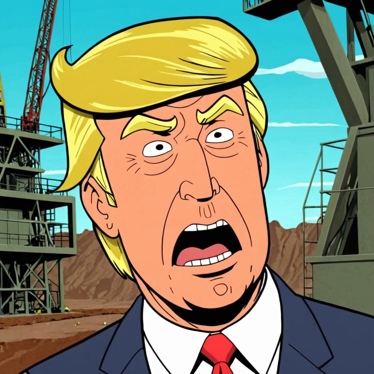 cartoon screencap  of president donald trump in (venturebros:1.4) style. , Embarrassed expression, dramatic camera angle, ...