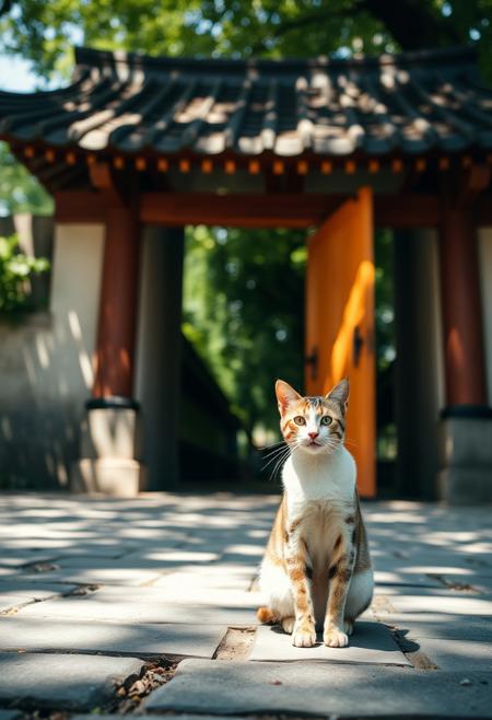 (Soft Lighting Photography by Mimoza Veliu and Mario Giacomelli:1.2), a cat sitting in front of tori gate, facing viewer, dappled sunlight