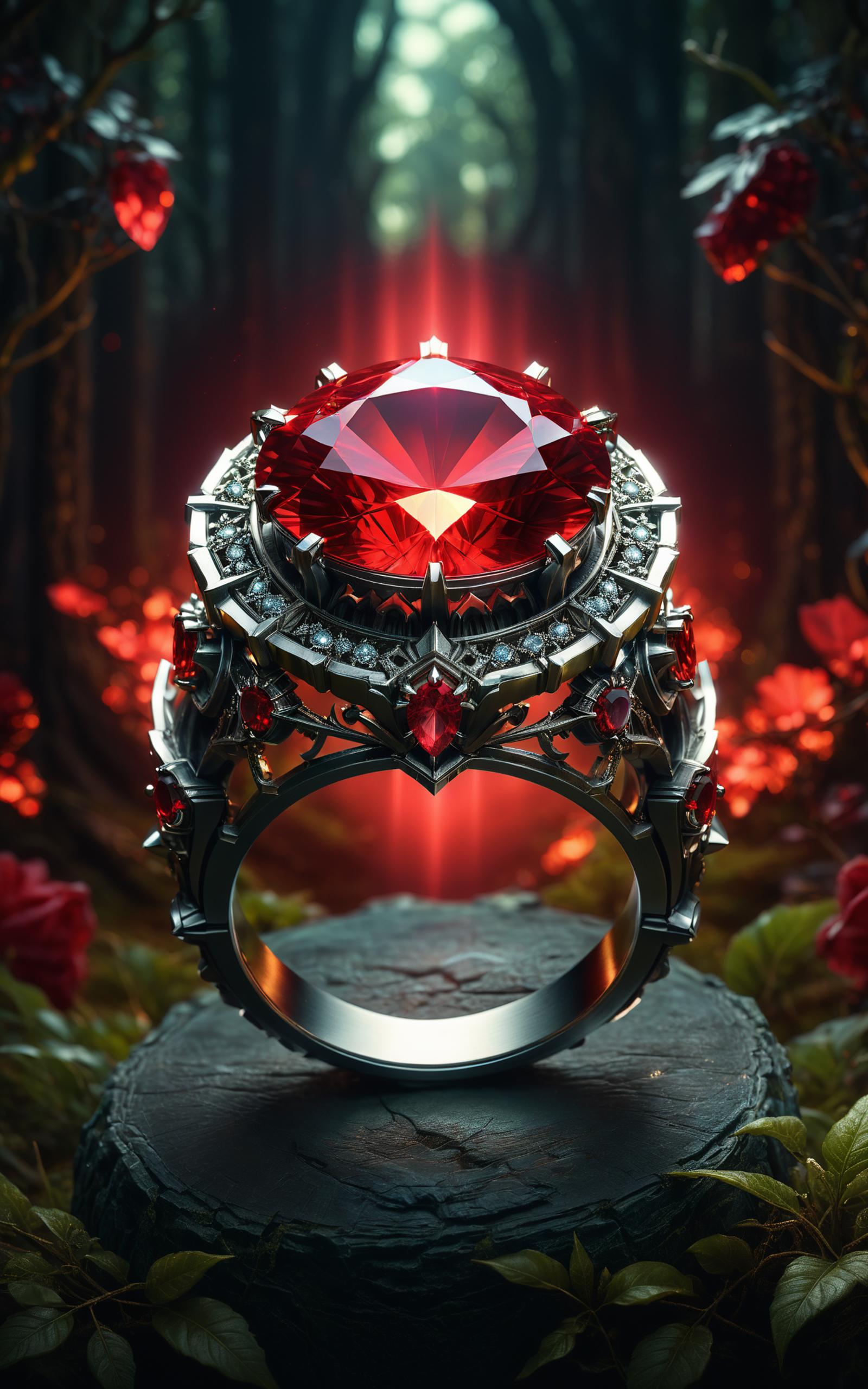 A Ring with Red Gemstones and a Silver Frame on a Black Background.