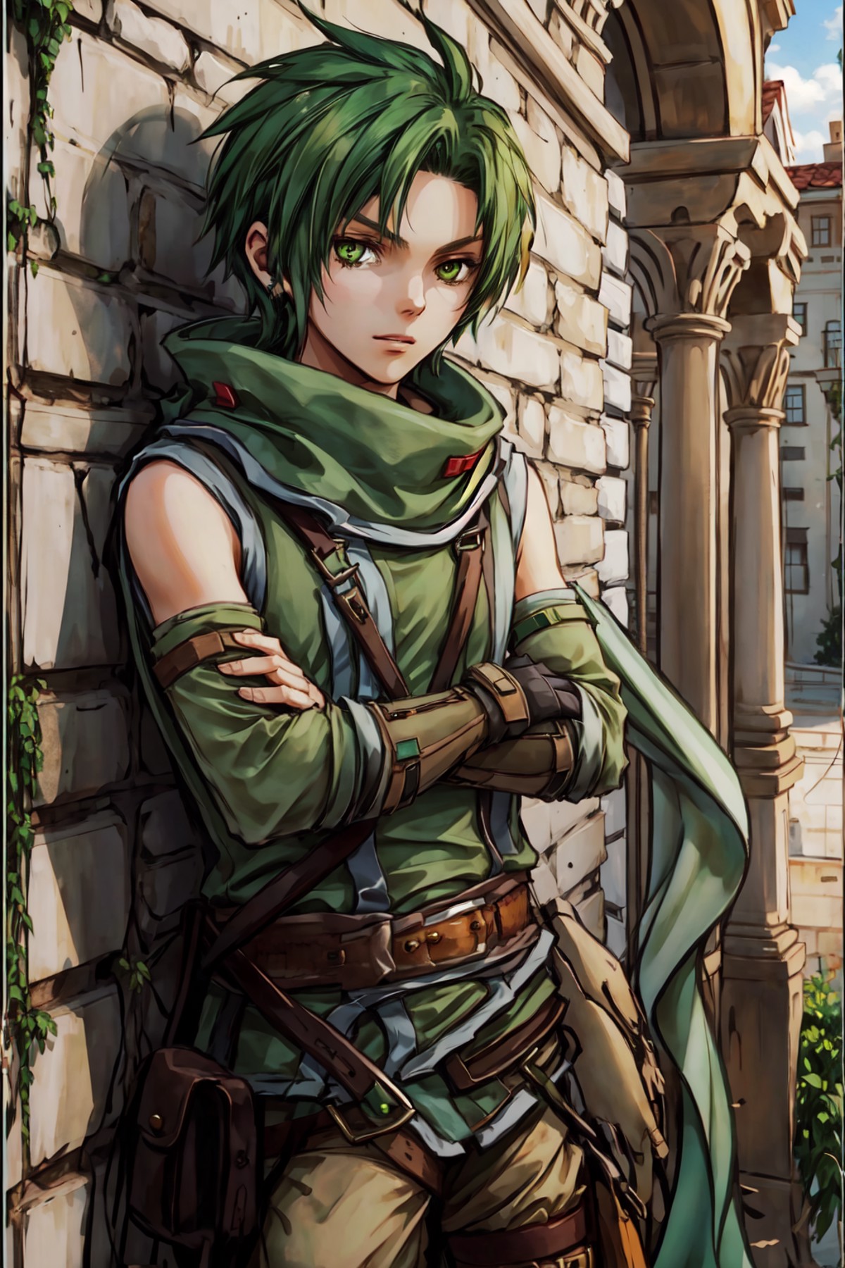 <lora:sothe_fe-10:1>, sothe, parted bangs, green sleeveless, scarf, gloves, leaning on wall, crossed arms
