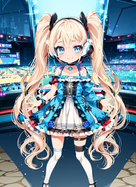 CoCoPPa, 1loli with (long blond twin tails:1.1) and (light blue off-the-shoulder dress:1.1) and white arm covers and knee-high socks, and light blue choker and (white headset for game live distribution:1.1), little smiling, (in gaming monitor room:1.1), detailed, from front
 <lora:CoCoPPa:1>