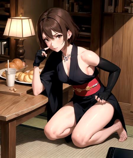 1girl, (shapely body), (solo), <lora:Saiai Kinuhata_L:0.7>, RAW, hdr, saiai kinuhata, solo, short hair, brown hair, gloves, brown eyes, jewelry, japanese clothes, barefoot, elbow gloves, indoors, fingerless gloves, kimono, necklace, sash, kneeling, obi, phone, table, short kimono, one knee