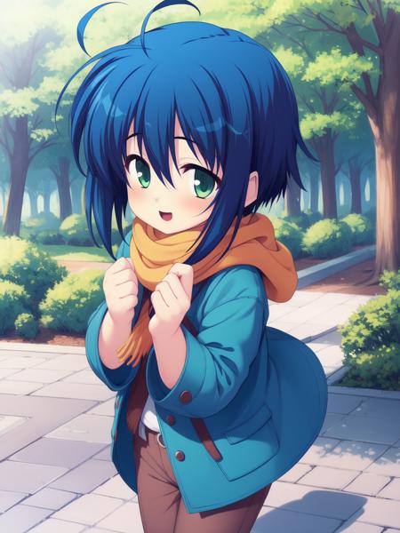 SakuragawaMinato, green eyes, ahoge, blue hair, short hair, 