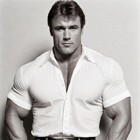 in the 1980's, a huge musclebear man, muscled, beefy, 1980s hairdo, wearing a white shirt, captured with a 35mm camera, black and white, classic film