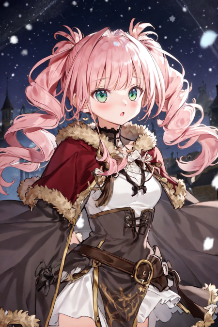 best quality, masterpiece, extremely detailed, detailed background, best quality, masterpiece, extremely detailed, detailed background, 1girl, solo, short girl, pink hair, green eyes, long hair, wavy hair, fluffy hair, twintails, blush, capelet, lace trim, tulle clothing, silk clothing, embroidery, gold accessory, fur trim, snowing, outdoors, snowfield, medieval, nobility, baroque fashion, night, starry sky,