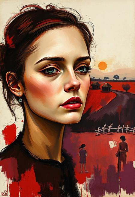 A portrait of a woman whose face is both serene and mournful, blending into abstract countryside forms in earthy reds and melancholic purples., expressive portraiture, painterly abstraction, emotional realism, fauvist color palette, gestural brushwork, rural symbolism, psychological atmosphere, simplified forms, muted and vibrant tones, introspective figures, spontaneous composition, contemporary expressionism, pastoral themes, intuitive linework, minimal background detail, spiritual undertones, dreamlike distortion, narrative ambiguity, human vulnerability, poetic emotion
