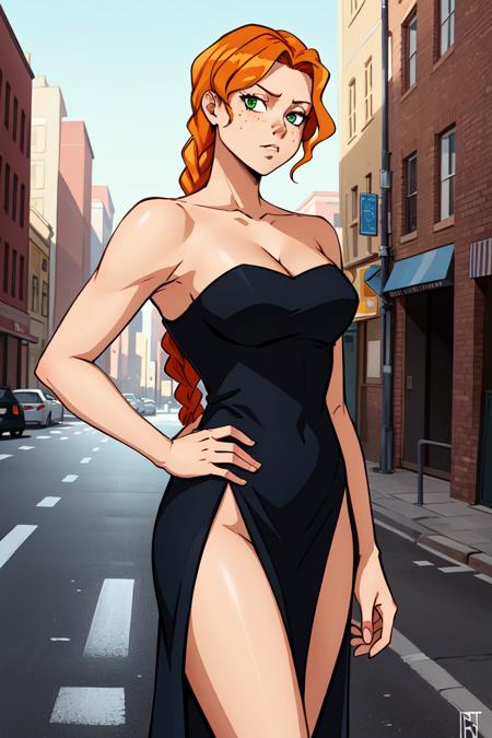 (anime), (illustration), cartoon, detailed, (dark theme:0.9), victoriyam, 1girl, solo, long hair, dress, cleavage, bare shoulders, medium breasts, very long hair, green eyes, braid, orange hair, black dress, hand on hip, single braid, strapless, strapless dress, side slit, freckles<lora:victoriyam:0.55>, street, city, biker 
, (hdr:1.22), muted colors, complex background, hyperrealism, hyperdetailed, amandine van ray