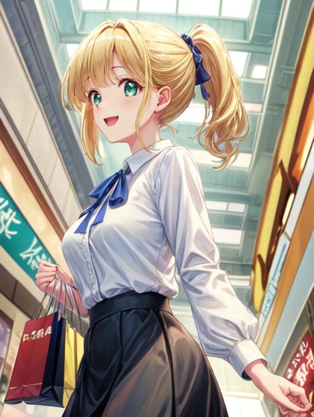 best quality, masterpiece, highres, detailed, perfect anatomy,  <lora:Detail - add_detail:0.2>, <lora:TeresaW:0.8>, TeresaW, ponytail, happy, blonde hair, white blouse, black skirt, blue ribbon, green eyes, shopping mall, excited, proud, holding japanese fan, slightly from below,