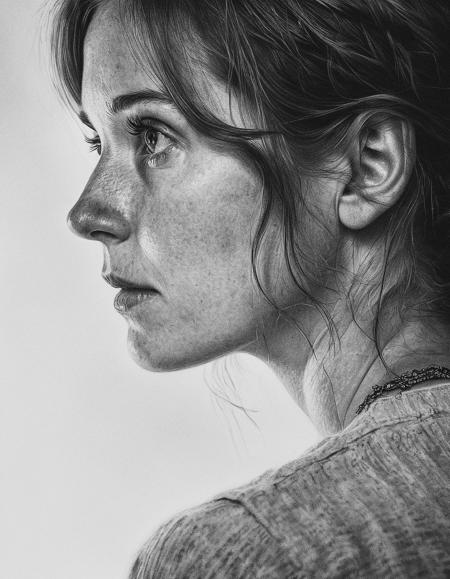 a upper body black and white portrait of a middle-aged woman, looking over her shoulder, award winning photo, hyper detailed eyes, carson ellis, ellie from the last of us, infp young woman, solemn face, immaculate shading, full close-up portrait, by Mary Corkling, winning award image, hyperrealistic picture, (flim grain:1.6)