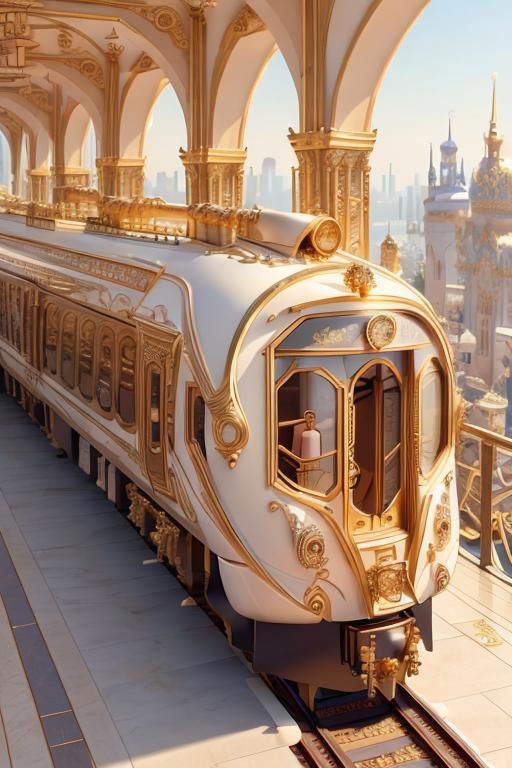 A White and Gold Train on Tracks by a Building in a City