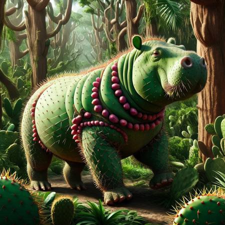 Harry the Hippo striding therough the jungle, parrots  <lora:Prickly Pear Style v1:1>, Prickly Pear Style,