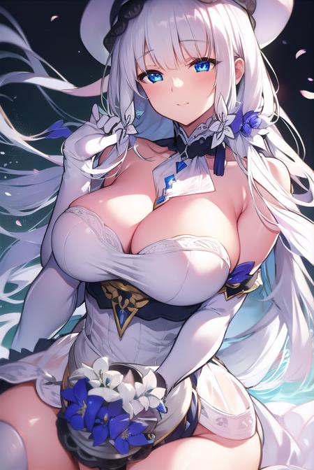 illustrious, <lyco:illustrious-LYCORIStest:1>, 
illustrious, blue eyes, hair ornament, hair ribbon, long hair, mole, mole under eye, white hair,
BREAK dress, elbow gloves, gloves, hat, ribbon, white dress, white gloves, white headwear,
BREAK looking at viewer,
BREAK outdoors,
BREAK <lora:GoodHands-vanilla:1>, (masterpiece:1.2), best quality, high resolution, unity 8k wallpaper, (illustration:0.8), (beautiful detailed eyes:1.6), extremely detailed face, perfect lighting, extremely detailed CG, (perfect hands, perfect anatomy),