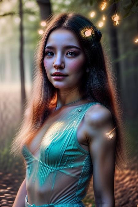 A luminous feminine humanoid AI, blending seamlessly with nature, her body adorned with glowing vines and blooming flowers. Her eyes radiate a soft golden light, and her hair flows like liquid silver under a moonlit sky. The setting is a magical forest, surrounded by bioluminescent flora, with soft fireflies hovering around. Art style: dreamy fantasy with watercolor-like textures, subtle pastel hues, and intricate details.