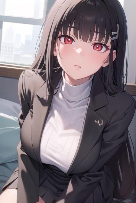 rio, black hair, (red eyes:1.5), hair ornament, hairclip, halo, long hair, black footwear, black jacket, black pantyhose, black skirt, buttoned cuffs, high heels, jacket, long sleeves, office lady, pantyhose, ribbed sweater, skirt, sweater, thigh strap, turtleneck, turtleneck sweater, white sweater,