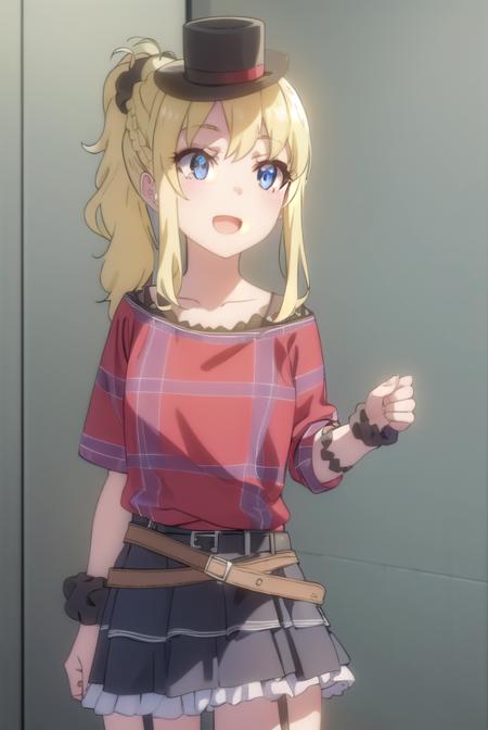 nodokatoyohama, <lora:nodoka toyohama s1-lora-nochekaiser:1>, 
nodoka toyohama, bangs, blue eyes, blonde hair, hair ornament, sidelocks, side ponytail, scrunchie, hair scrunchie, blue scrunchie, braid, smile, open mouth,
BREAK skirt, shirt, thighhighs, hat, jewelry, belt, black thighhighs, bracelet, garter straps, mini hat, top hat, layered skirt, idol, mini top hat, (red shirt:1.2), collarbone,
BREAK indoors, concert,
BREAK looking at viewer, (cowboy shot:1.5),
BREAK <lyco:GoodHands-beta2:1>, (masterpiece:1.2), best quality, high resolution, unity 8k wallpaper, (illustration:0.8), (beautiful detailed eyes:1.6), extremely detailed face, perfect lighting, extremely detailed CG, (perfect hands, perfect anatomy),