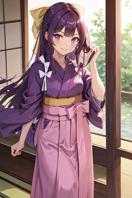 best quality, masterpiece, highres, solo, {yukata:1.40}, {kimono:1.20}, {kamikaze_kantaicollection:1.15}, long_hair, purple_hair, bow, hair_bow, purple_eyes, yellow_bow, hakama, pink_hakama, smile, tasuki