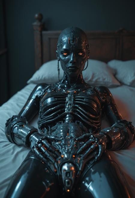 1girl, vessel medium, Her body appears human but opens along seams to reveal biomechanical organs. Her chest cavity houses a nest of mechanical tentacles that serve as conduits for spirits. Cranium bisected with a crystalline dome revealing cerebral augments., Mass of dark black curls. Sides of head shaved to display circuit-like tattoos., Airbrushed skin white circuitry tatoos temples and cheekbones. Black lips., Ritual latex bodysuit with exposed mechanical spine. Chest panel opens to reveal a cavity housing a mechanical heart surrounded by arcane symbols etched in chrome. Sleeves extend into gauntlets with exposed circuitry and needle-like fingers., Lying on surgical bed., Decaying Victorian mansion. Ornate wallpaper. Below lighting by monitors embedded in floorboards, elongated shadows, Split-diopter shot keeping both the witch's face and distant background in focus, creating unnatural depth and connection., Transhuman melancholy, mourning flesh while celebrating mechanical transcendence., Color Palette, Tungsten blue, rust orange, mercury silver, charred wood black, Cyberpunk fashion (Demobaza, Machine56) colliding with traditional witchcraft imagery
