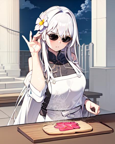 (best quality, masterpiece),  saltbae, (1girl, solo, hood, white hair, sunglasses, wide sleeves, black eyes, closed mouth, long hair), (clear sky,cloud, table, flower on the Chopping board), <lora:saltbae-17:1>